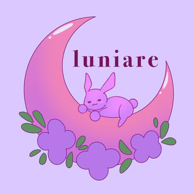 Purple bunny on a pink moon with the text “Luniare” over it, with purple flowers under the moon